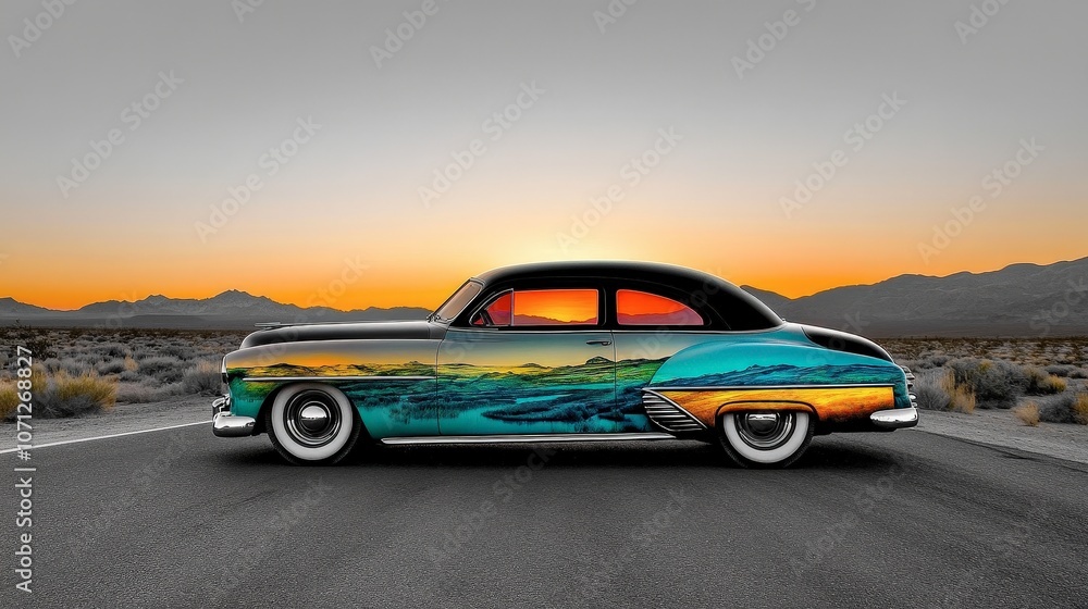 Naklejka premium Classic Vintage Car on Desert Road at Sunset
