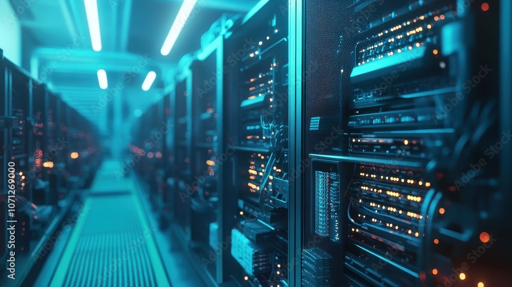 Futuristic Server Room with Blue and Orange Lights - Data Center Technology Concept. Futuristic Server Room with Blue and Orange Lights - Data Center Technology Concept.