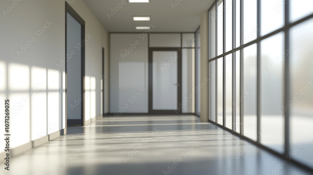 Fototapeta premium Blurred office interior background with a blurred door and glass wall, blurry bokeh light effect for a business concept design. High-quality photo, taken with a telephoto lens in realistic daylight.