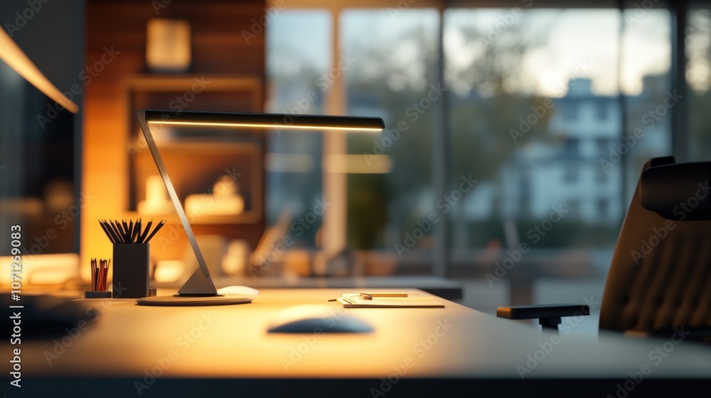 Modern office desk with a lamp, stationery, and a laptop, creating a productive workspace. Modern office desk with a lamp, stationery, and a laptop, creating a productive workspace.