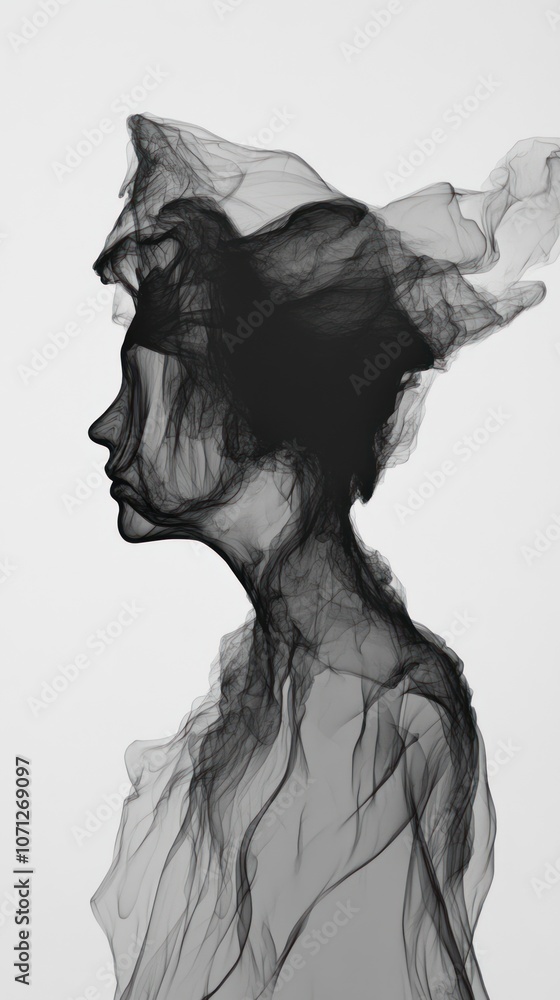 A monochromatic silhouette of a figure formed by flowing smoke-like textures. A monochromatic silhouette of a figure formed by flowing smoke-like textures.