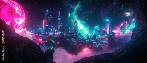 Futuristic Cityscape with Pink Moon and Galaxy in Night Sky - Cyberpunk Art Illustration.