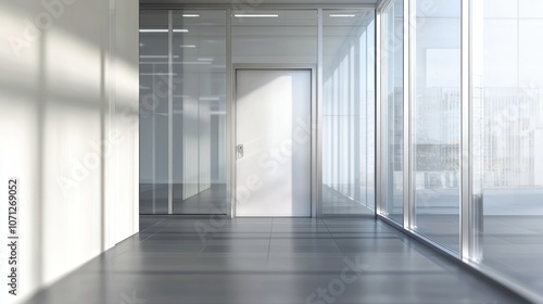 Blurred office interior background with a blurred door and glass wall, blurry bokeh light effect for a business concept design. High-quality photo, taken with a telephoto lens in realistic daylight.