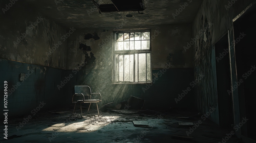 Abandoned Room with Sunbeam and Chair - Eerie Interior Photography Abandoned Room with Sunbeam and Chair - Eerie Interior Photography