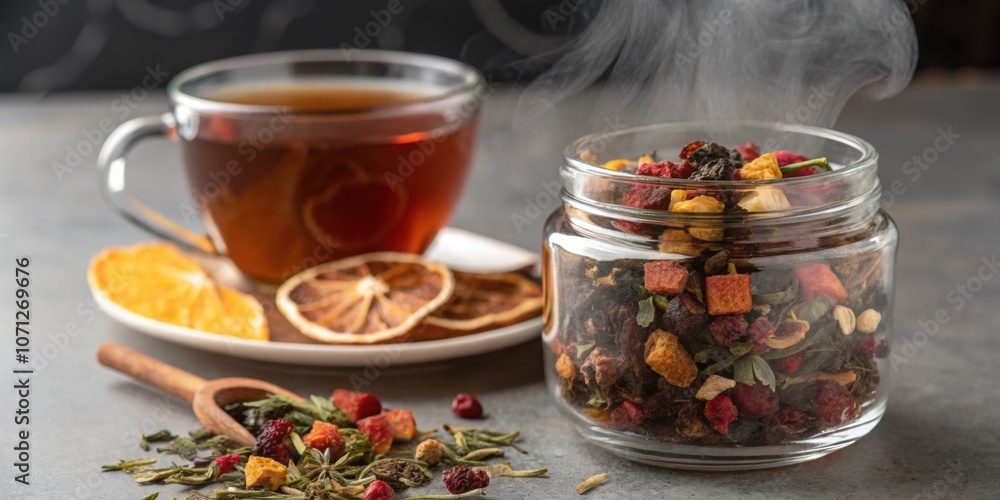 A closeup of a vibrant blend of dried fruits and herbs in a glass jar beside a steaming cup of tea highlighting the persons choice of a refreshing fruitinfused herbal tea. A closeup of a vibrant blend of dried fruits and herbs in a glass jar beside a steaming cup of tea highlighting the persons choice of a refreshing fruitinfused herbal tea.