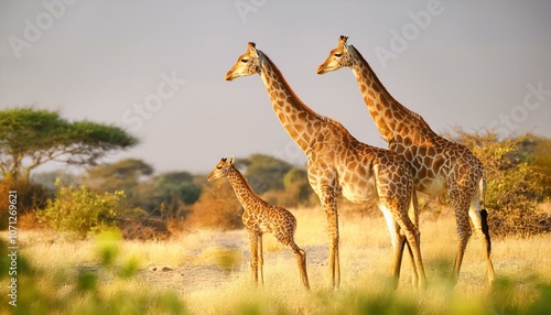 Giraffe family with small baby