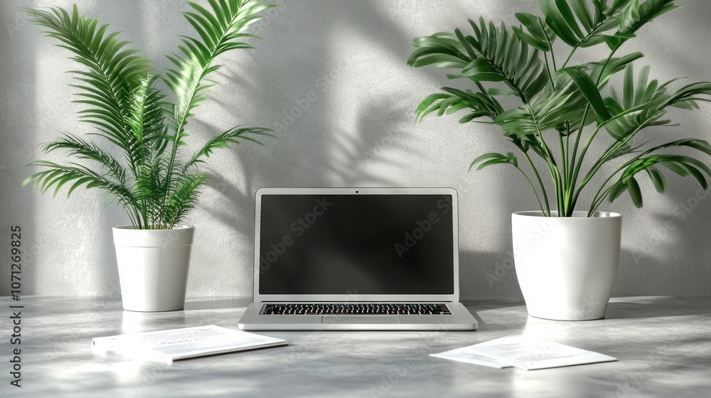 Laptop with plants on a desk. Laptop with plants on a desk.