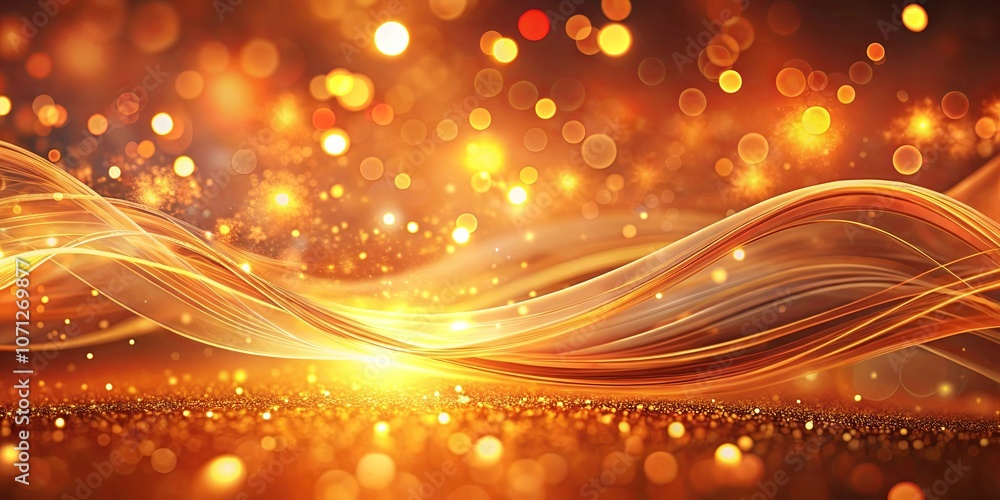 A shimmering wave of golden light flows over a bed of sparkling dust, illuminated by a soft, warm glow of blurred circles.