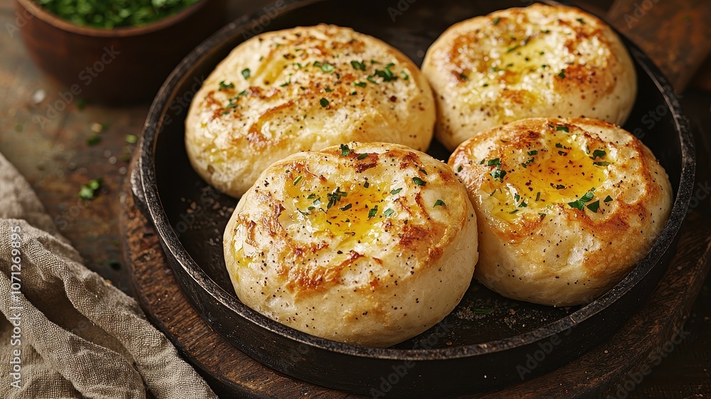 Description:** Savory baked rolls topped with golden egg yolk and herbs, served in a rustic skillet. Description:** Savory baked rolls topped with golden egg yolk and herbs, served in a rustic skillet.