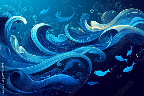 Abstract Ocean Waves with Fish in Blue Tones
