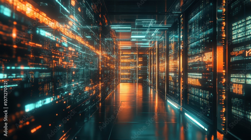 Futuristic Server Room with Glowing Blue and Orange Lights - Abstract Data Center Interior. Futuristic Server Room with Glowing Blue and Orange Lights - Abstract Data Center Interior.