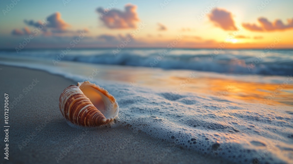 A seashell on the beach at sunset, with gentle waves lapping at the shore. A seashell on the beach at sunset, with gentle waves lapping at the shore.