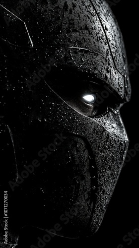 Dark Knight Close-Up; Minimalist Batman Mask in Rain; Dramatic Lighting; Superhero Vigilante Iconic Armor; Cinematic Noir Style; Intense Atmosphere; Black Background photo