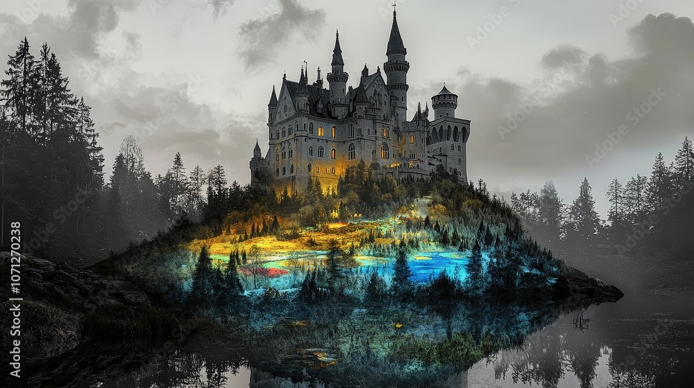 Fototapeta premium Enchanted Castle on a Hill Surrounded by Forest