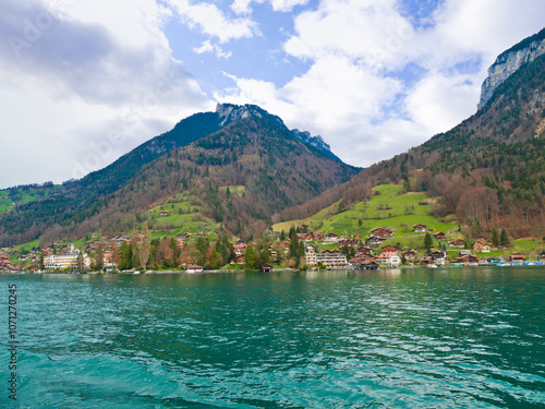 Ferry on Lake Thun and Swiss Alps, Switzerland.