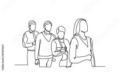 continuous line drawing of a group of men and women in a queue line.  one-line Queue of many people waiting. Diverse people stand isolated on a white background.