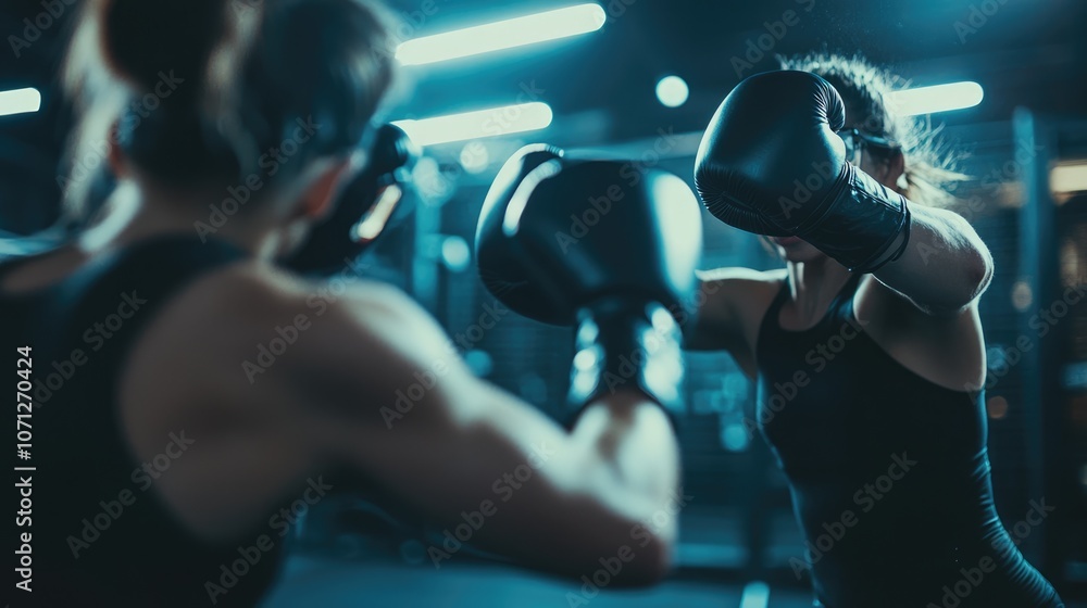 Two Female Boxers Training in a Dark Gym Two Female Boxers Training in a Dark Gym