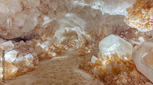 A breathtaking crystal cave adorned with massive, luminous selenite formations, creating a natural wonderland of translucent gems and glistening stalactites in warm amber and white hues.