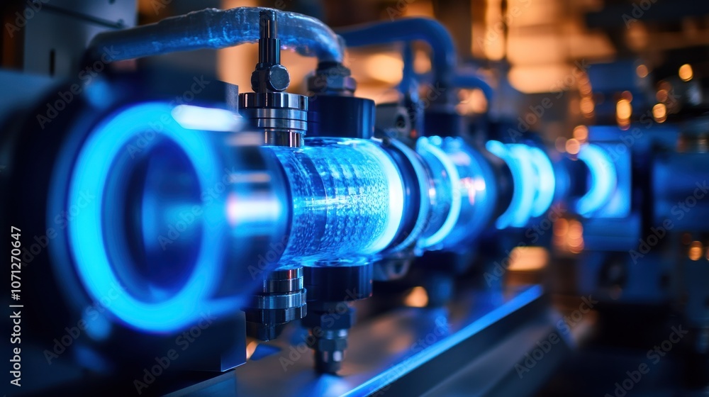 A close-up of illuminated industrial machinery with glowing components. A close-up of illuminated industrial machinery with glowing components.