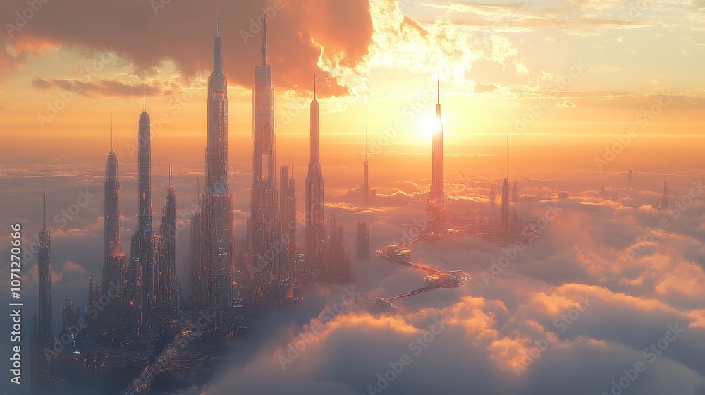 Futuristic Cityscape Above the Clouds at Sunset - Digital Art Futuristic Cityscape Above the Clouds at Sunset - Digital Art