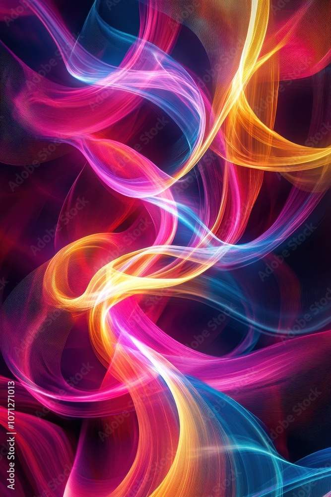 Naklejka premium Abstract Swirling Neon Lights in Pink, Yellow, and Blue on Black Background.