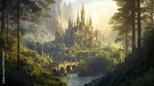 Majestic Castle in a Lush Forest Landscape with a Bridge Over a River.