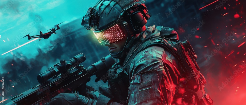 Futuristic Soldier with Drone and Sniper Rifle in Neon Lights. Futuristic Soldier with Drone and Sniper Rifle in Neon Lights.
