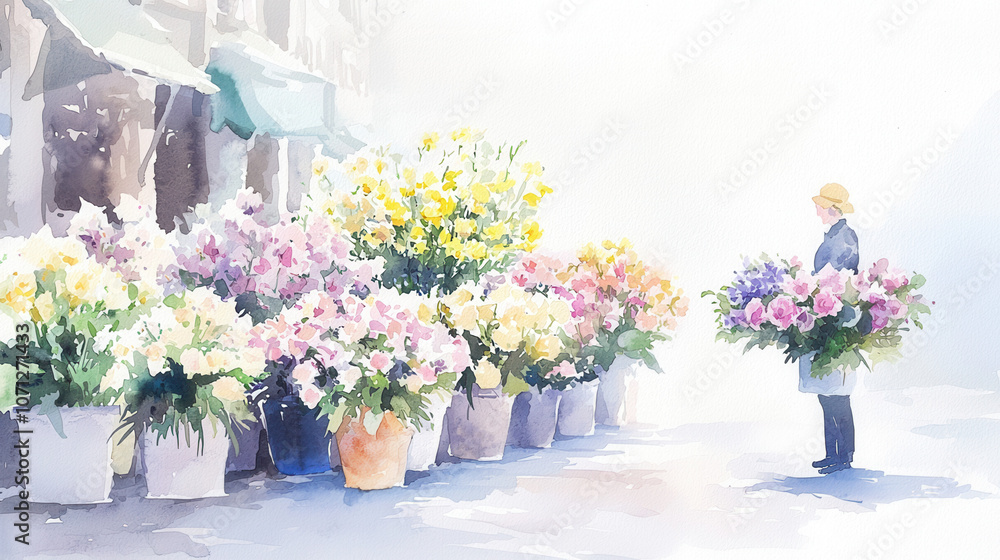 Obraz premium A dreamy watercolor scene of a florist surrounded by vibrant flower bouquets, conveying a serene and uplifting atmosphere.