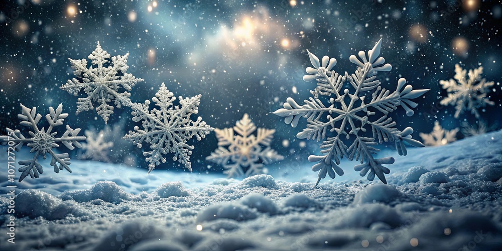 A close-up of delicate snowflakes resting on a blanket of pristine snow, illuminated by the soft glow of a winter twilight A close-up of delicate snowflakes resting on a blanket of pristine snow, illuminated by the soft glow of a winter twilight