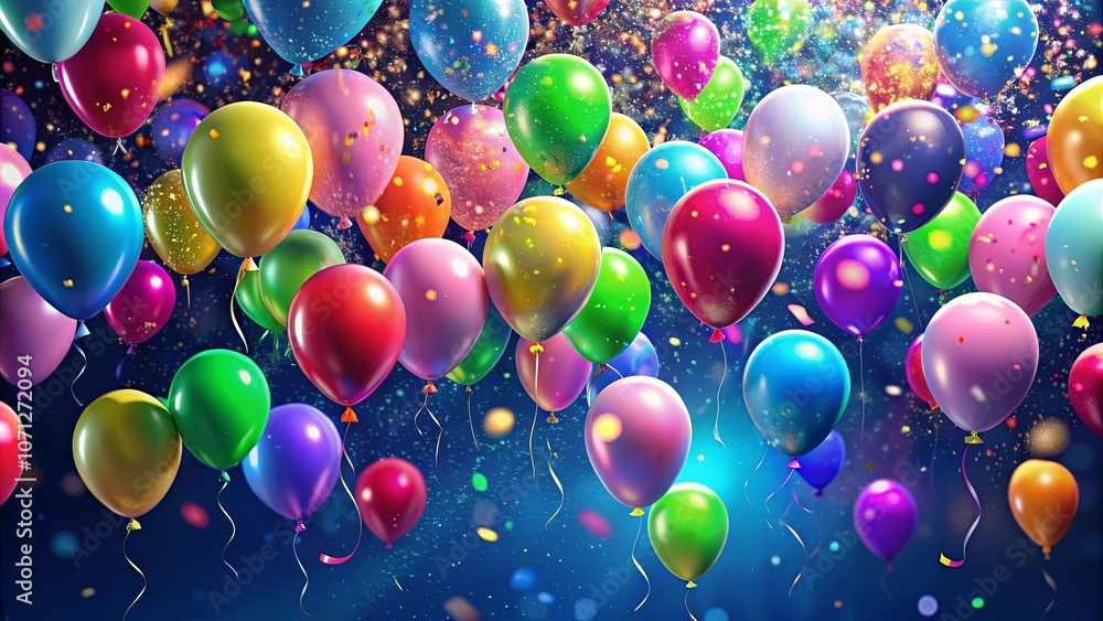 A vibrant celebration with an array of colorful balloons floating in the air against a shimmering blue backdrop A vibrant celebration with an array of colorful balloons floating in the air against a shimmering blue backdrop