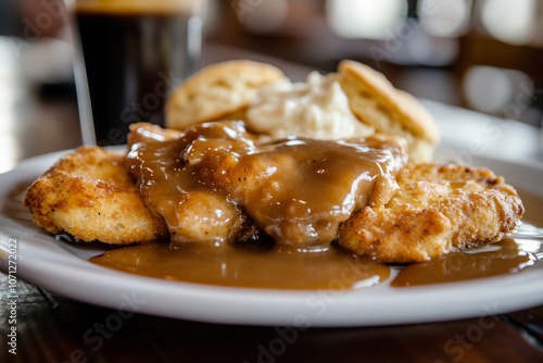 Closeup of Fried chicken pieces covered in sauce and served on a plate