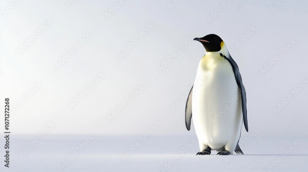 Naklejka premium A lone emperor penguin stands on a snowy, white landscape, gazing towards the horizon.