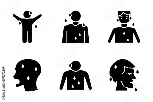 Sweating linear style icon set. Person sweating, drops of sweat on body. vector illustration on white background