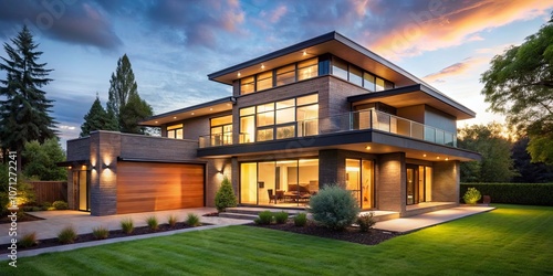 Fototapeta Naklejka Na Ścianę i Meble -  A modern house with a stone exterior, illuminated windows, and a wooden garage door, nestled amidst a lush green lawn at twilight.