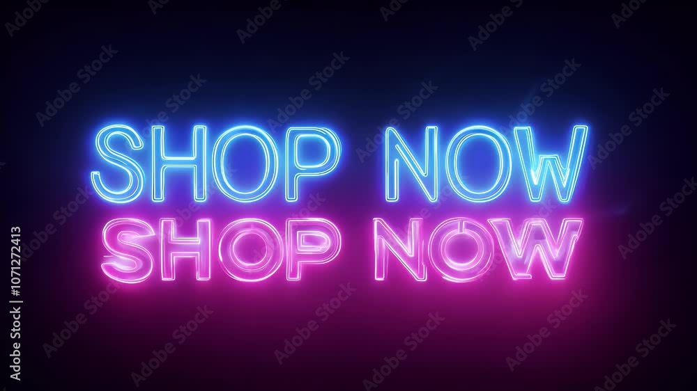 Bright neon signage displaying 'Shop Now' in blue and pink colors. Bright neon signage displaying 'Shop Now' in blue and pink colors.