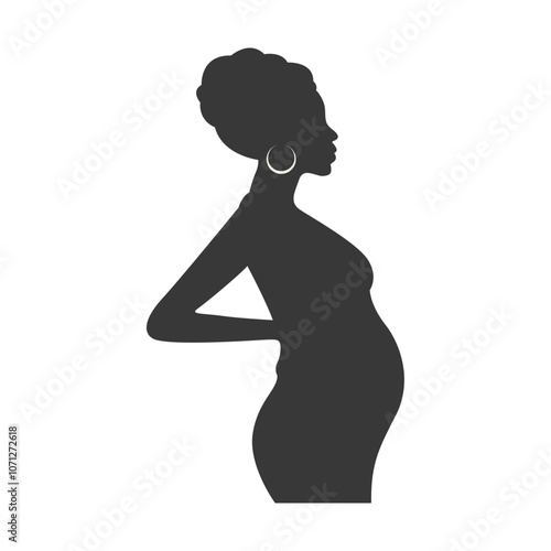 Pregnant Mom Silhouette Isolated on White Background. Black and White Vector Illustration.