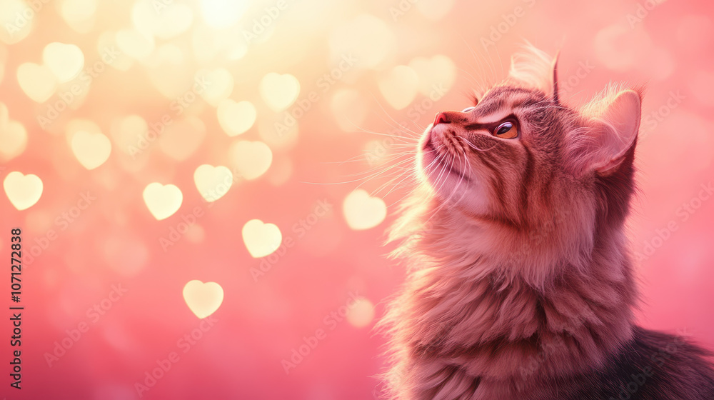 fluffy cat gazing upwards with dreamy expression against soft pink background filled with heart shapes, evoking feelings of love and warmth fluffy cat gazing upwards with dreamy expression against soft pink background filled with heart shapes, evoking feelings of love and warmth