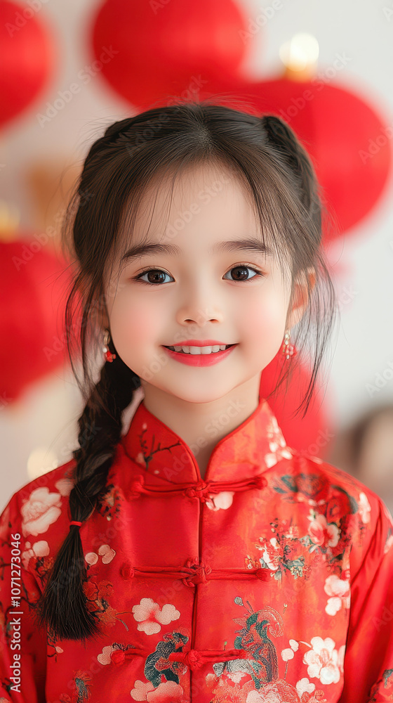 young girl in red traditional dress smiles brightly, surrounded by festive decorations. Her joyful expression adds to celebratory atmosphere young girl in red traditional dress smiles brightly, surrounded by festive decorations. Her joyful expression adds to celebratory atmosphere