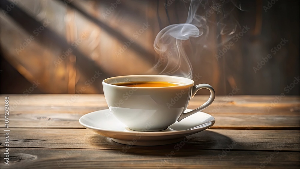 Obraz premium A steaming cup of tea resting on a rustic wooden table, bathed in soft light filtering through a window.