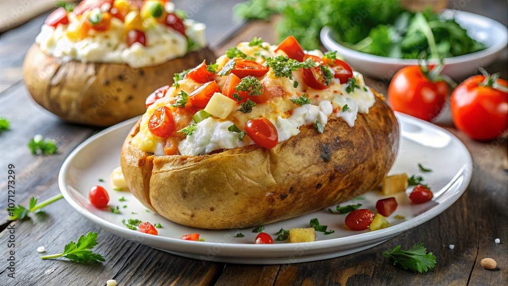 A Baked Potato Topped with Creamy Cheese, Fresh Tomatoes, and Parsley for a Flavorful and Savory Meal A Baked Potato Topped with Creamy Cheese, Fresh Tomatoes, and Parsley for a Flavorful and Savory Meal