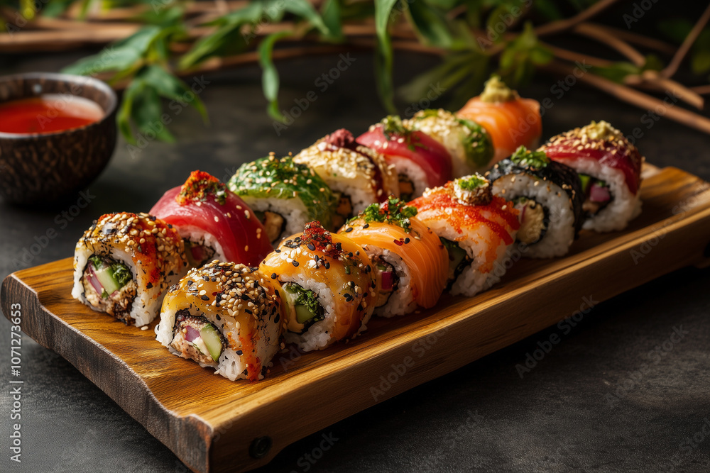 Various sushi rolls with various flavors of toppings served on plates Various sushi rolls with various flavors of toppings served on plates