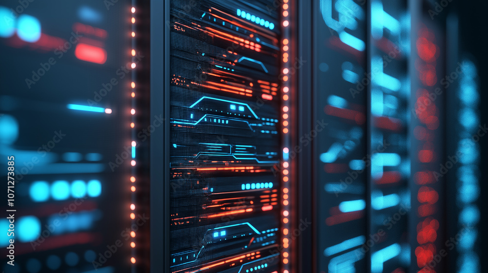 Naklejka premium Close-up of illuminated server rack in a data center 