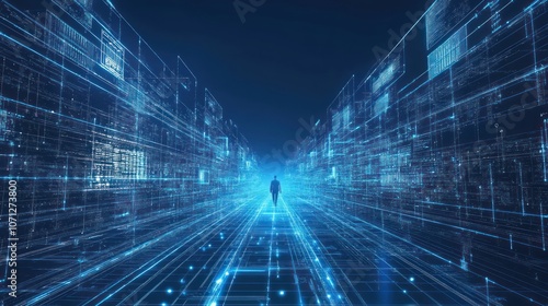 Wallpaper Mural Dark Futuristic Tunnel with Glowing Pathways and Walking Figure Torontodigital.ca