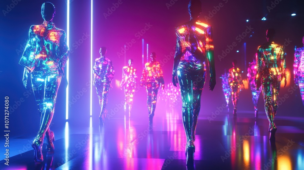 Neon Fashion Show with Models in Holographic Outfits - Futuristic, Abstract and Colorful Neon Fashion Show with Models in Holographic Outfits - Futuristic, Abstract and Colorful