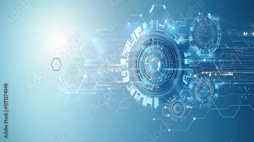 Abstract Image of Interconnected Gears and Circuits on Light Blue Background