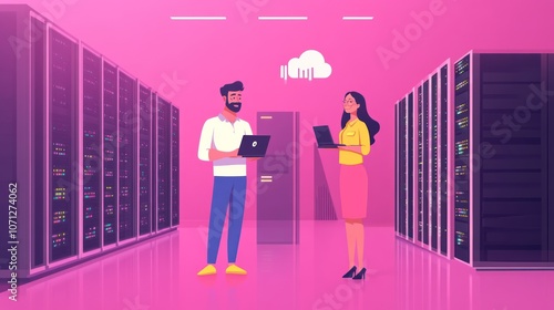 Two People Talking in a Server Room with a Cloud Symbol Above photo