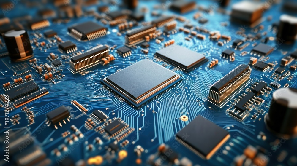 Dark Blue Circuit Board Close-Up with Small Components Dark Blue Circuit Board Close-Up with Small Components