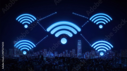 Glowing Wi-Fi Symbols Over a City Skyline at Night photo