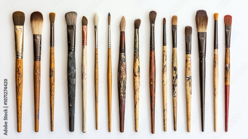 A collection of various paintbrushes arranged in a line for artistic purposes. A collection of various paintbrushes arranged in a line for artistic purposes.