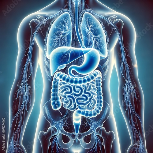 3D Illustration of Human Digestive and Respiratory Systems, Detailed 3D depiction of the human body showcasing the digestive organs and lungs, highlighting anatomy, internal systems, and medical scien photo